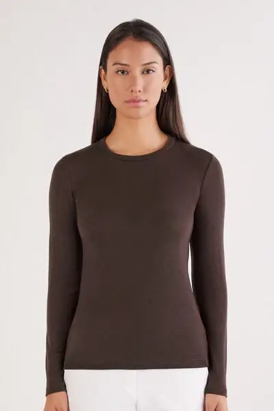 Maglia Manica Lunga Girocollo 100% Lana Merino Donna Marrone