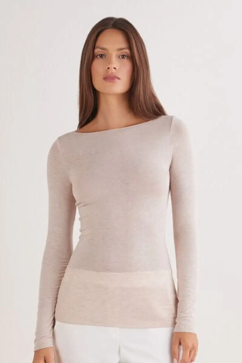 Maglia Manica Lunga in Modal con Cashmere e Scollo a Barchetta Donna Beige