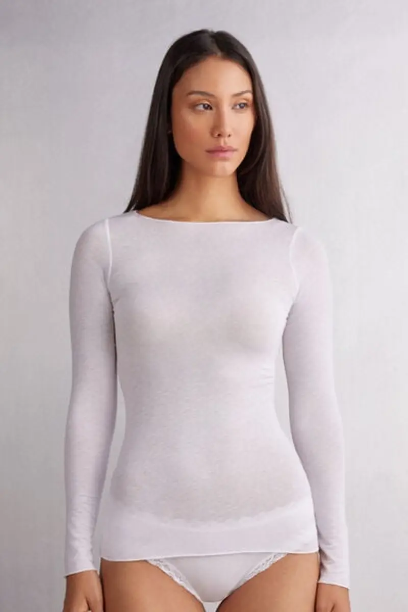 Intimissimi Maglia Manica Lunga in Modal con Cashmere e Scollo a Barchetta Donna Bianco Taglia L