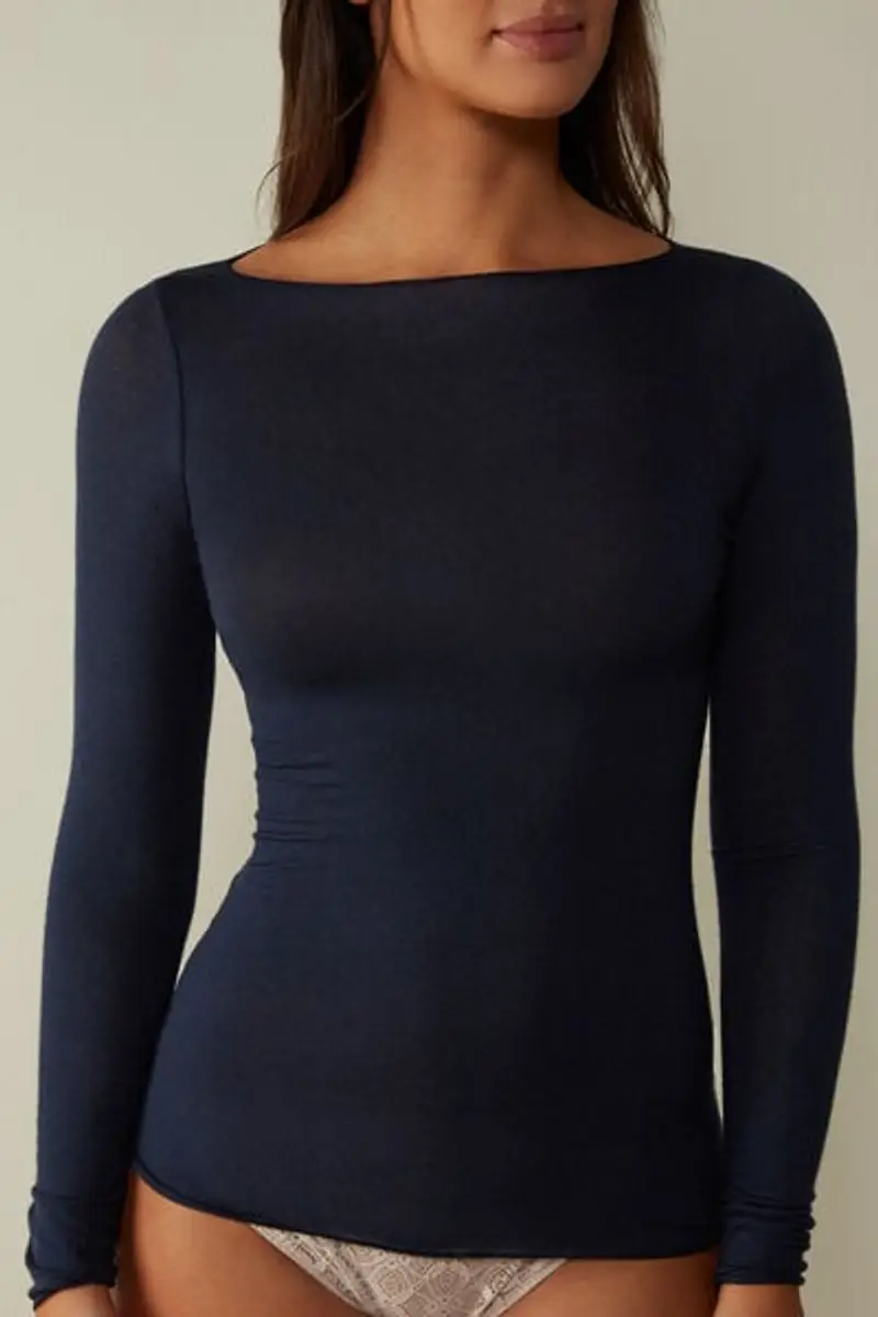 Intimissimi Maglia Manica Lunga in Modal con Cashmere e Scollo a Barchetta Donna Blu Taglia M
