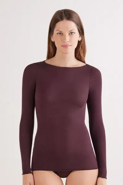 Maglia Manica Lunga in Modal con Cashmere e Scollo a Barchetta Donna Bordeaux