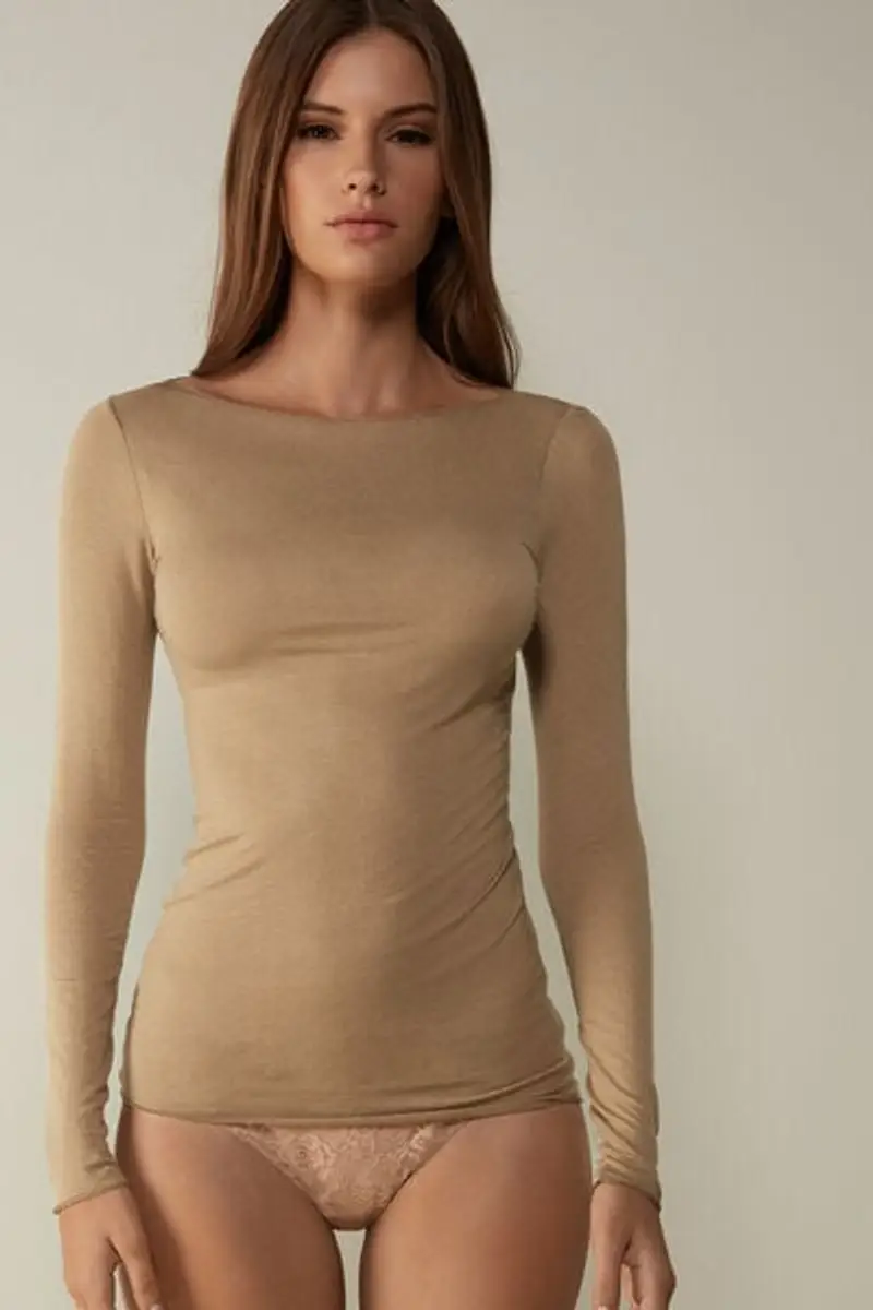 Intimissimi Maglia Manica Lunga in Modal con Cashmere e Scollo a Barchetta Donna Marrone Taglia L