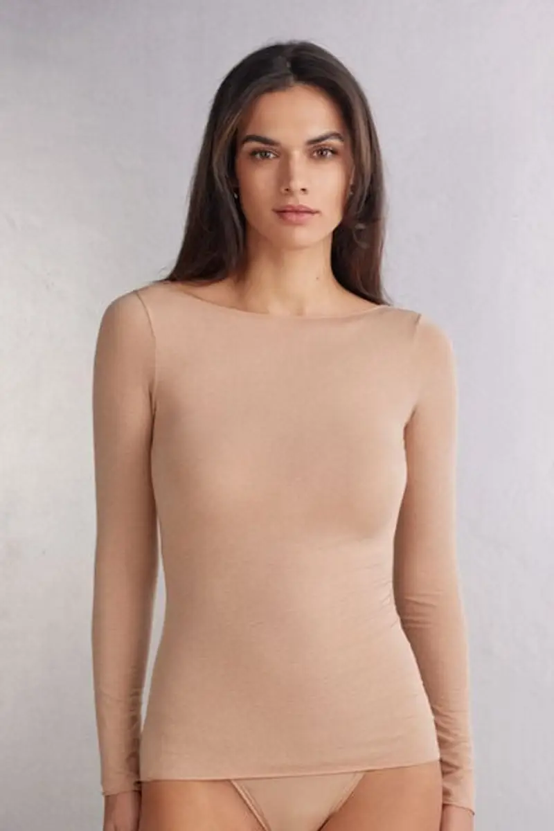 Intimissimi Maglia Manica Lunga in Modal con Cashmere e Scollo a Barchetta Donna Naturale Taglia L