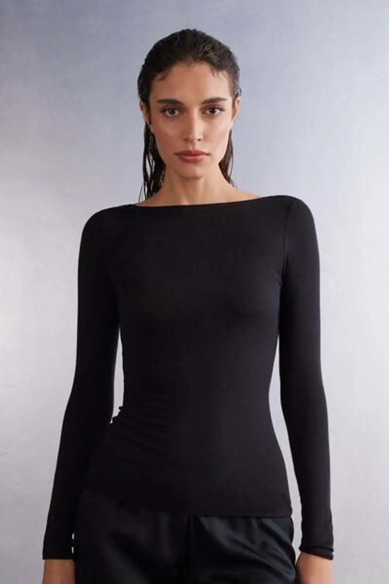 Intimissimi Maglia Manica Lunga in Modal con Cashmere e Scollo a Barchetta Donna Nero Taglia M