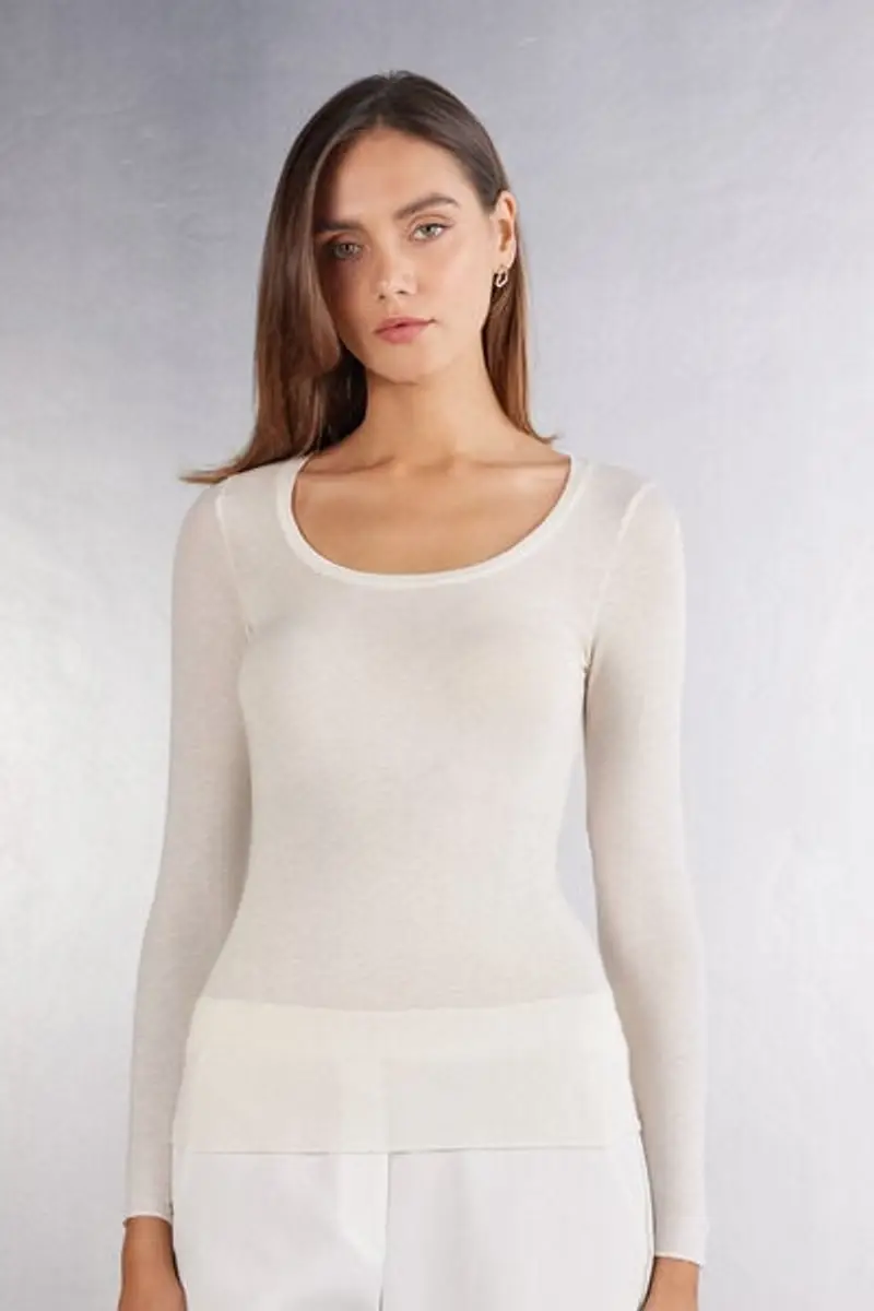 Intimissimi Maglia Manica Lunga Modal Ultralight con Cashmere Scollo Madonna Donna Avorio Taglia L