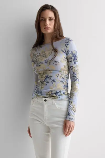 Maglia Manica Lunga Modal Ultralight con Cashmere Stampa Flowers Donna Floreale
