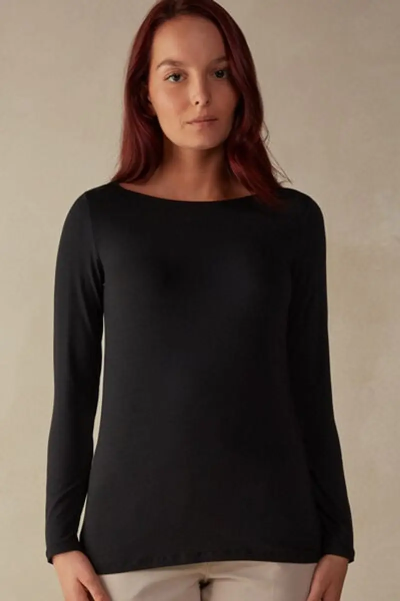 Intimissimi Maglia Manica Lunga Scollo a Barchetta in Micromodal Donna Nero Taglia L