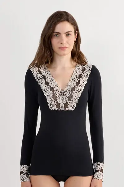 Maglia Manica Lunga Scollo a V Pretty Flowers Donna Multicolore