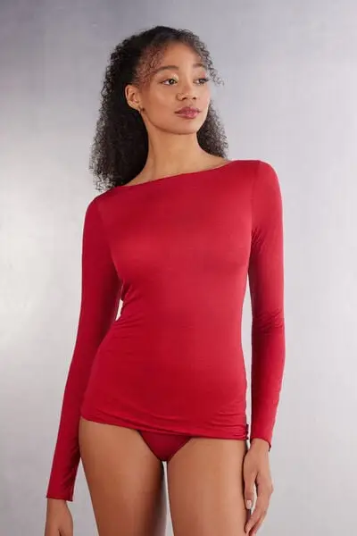 Maglia Manica Lunga Ultralight con Cashmere e Scollo a Barchetta Donna Rosso