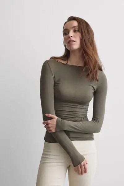 Maglia Manica Lunga Ultralight con Cashmere e Scollo a Barchetta Donna Verde