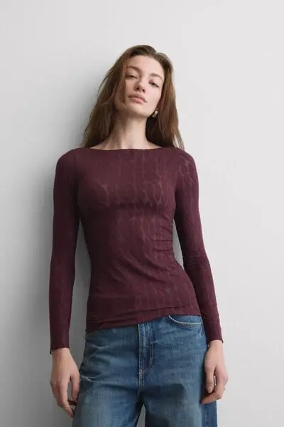 Maglia Scollo a Barchetta Treccia in Ultralight con Cashmere Donna Bordeaux