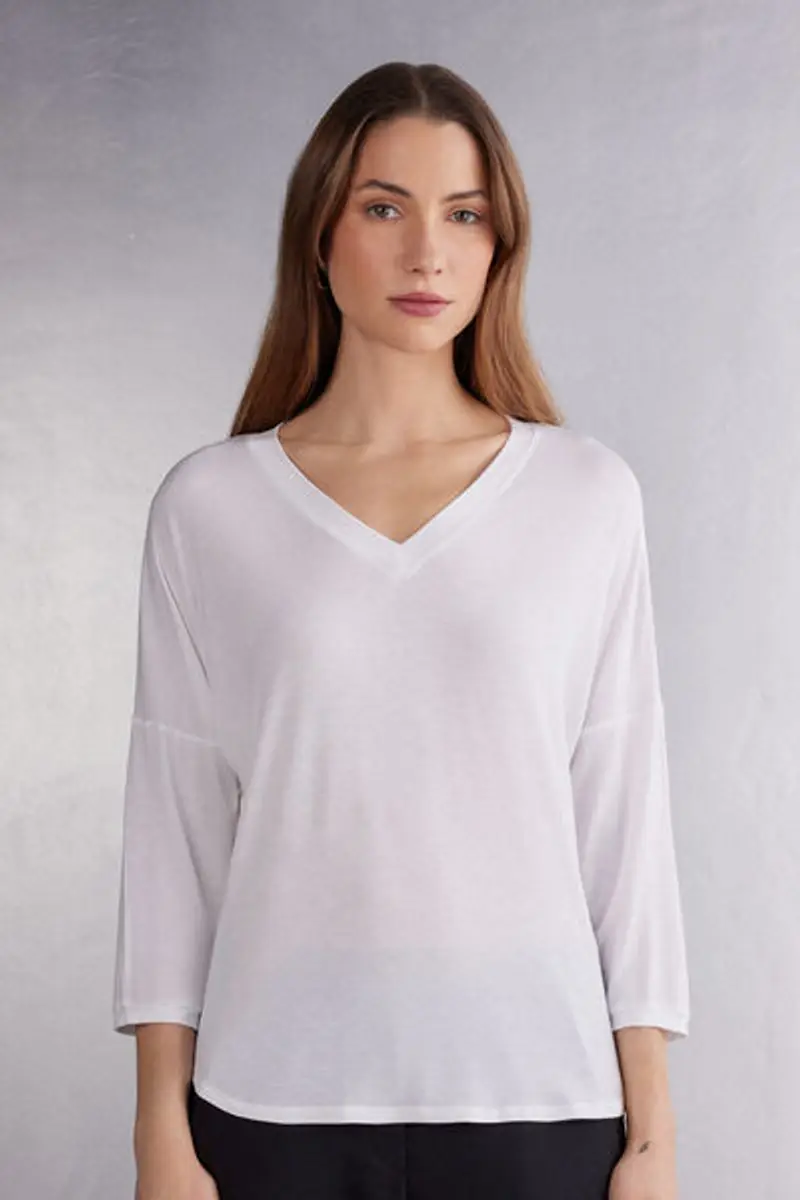Intimissimi Maglia Scollo a V in Fresh Bamboo Donna Bianco Taglia L