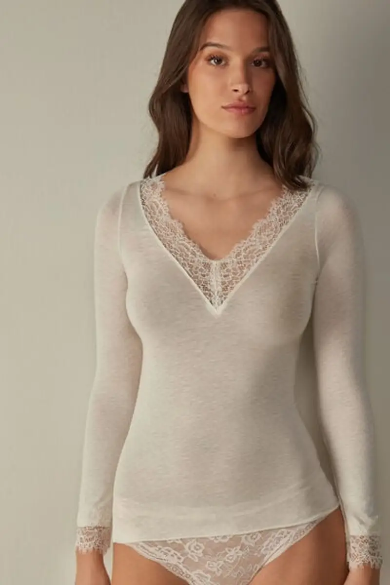 Intimissimi Maglia Scollo a V in Modal con Cashmere Ultralight e Pizzo Donna Avorio Taglia S