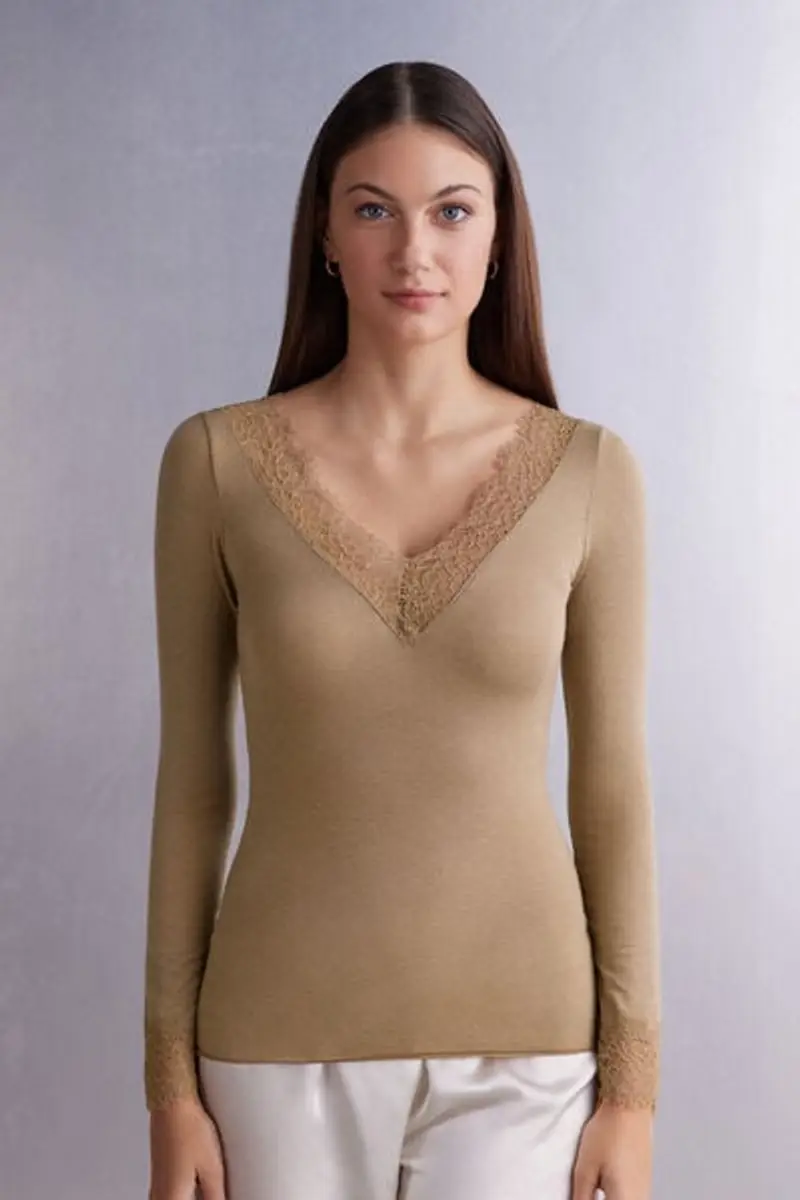 Intimissimi Maglia Scollo a V in Modal con Cashmere Ultralight e Pizzo Donna Marrone Taglia L