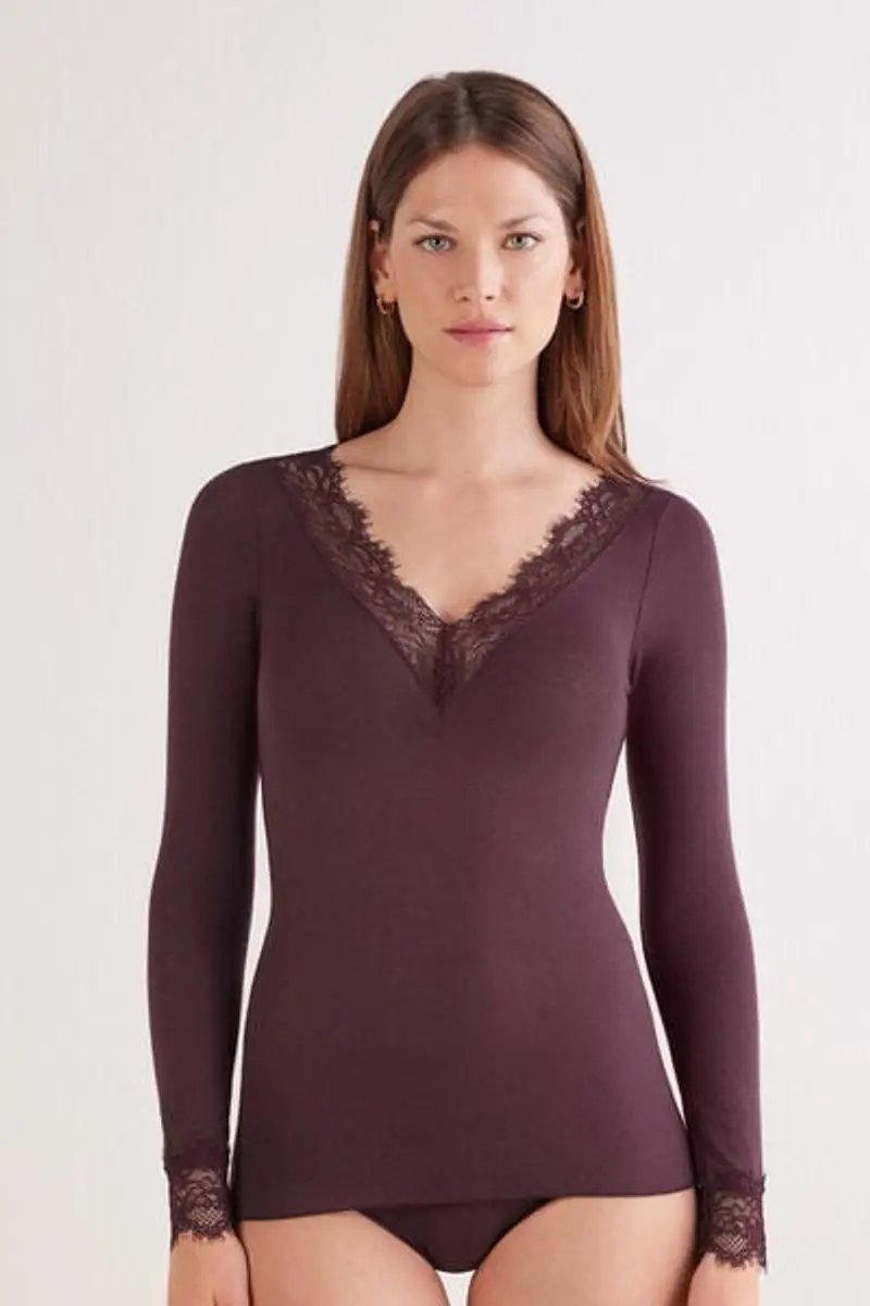 Maglia Scollo a V in Modal con Cashmere Ultralight e Pizzo Donna Rosso