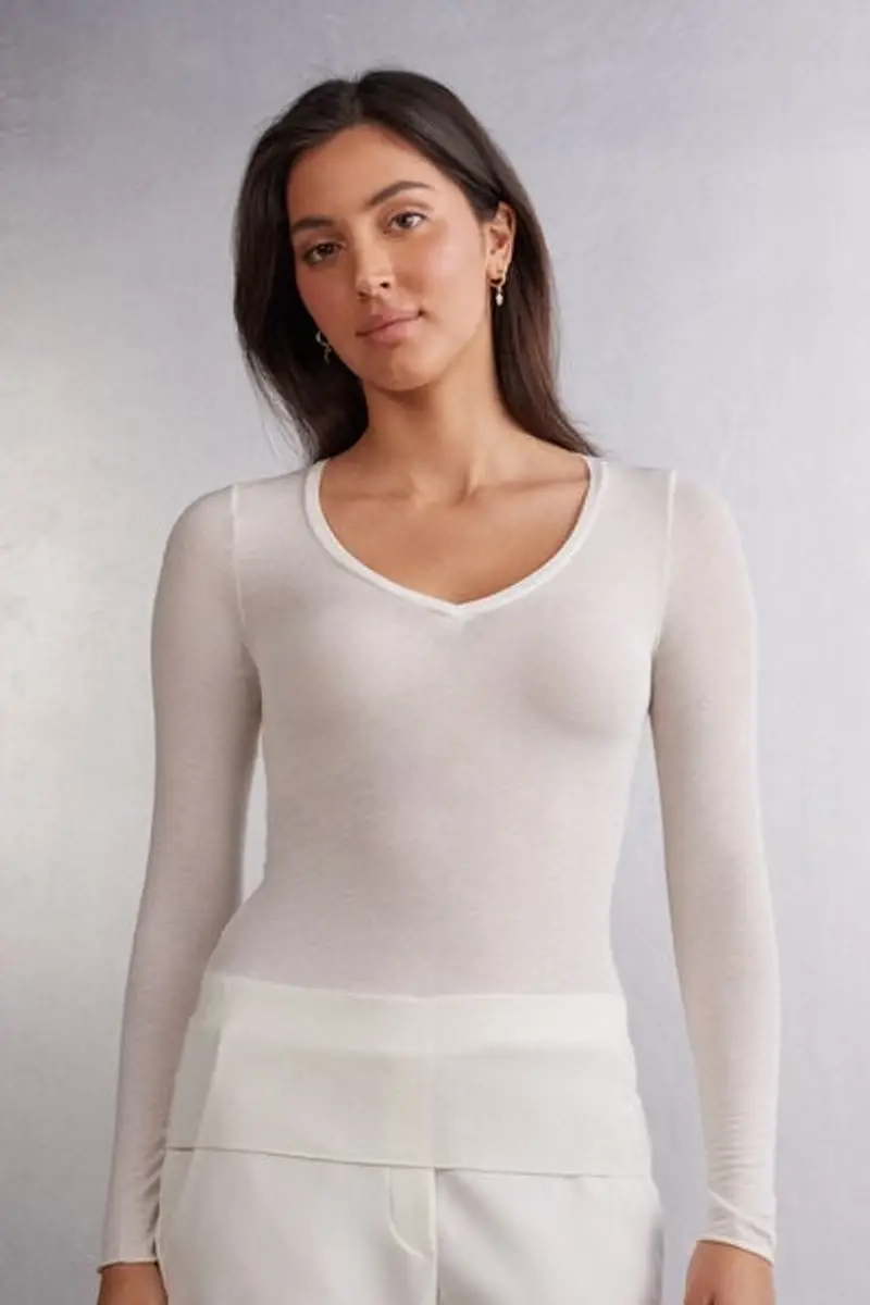 Intimissimi Maglia Scollo a V in Modal Ultralight con Cashmere Donna Avorio Taglia L