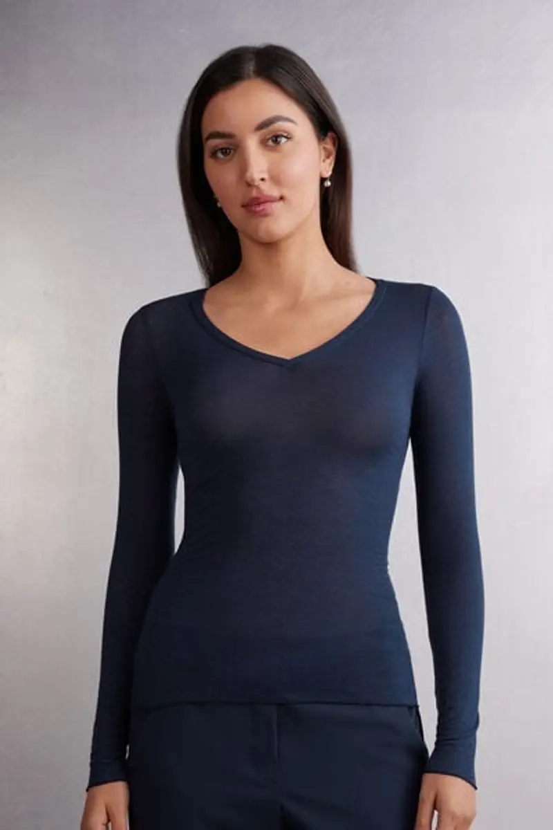 Intimissimi Maglia Scollo a V in Modal Ultralight con Cashmere Donna Blu Taglia L
