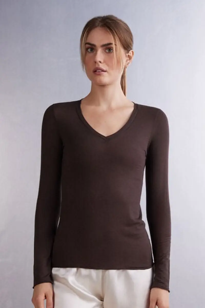 Intimissimi Maglia Scollo a V in Modal Ultralight con Cashmere Donna Marrone Taglia L