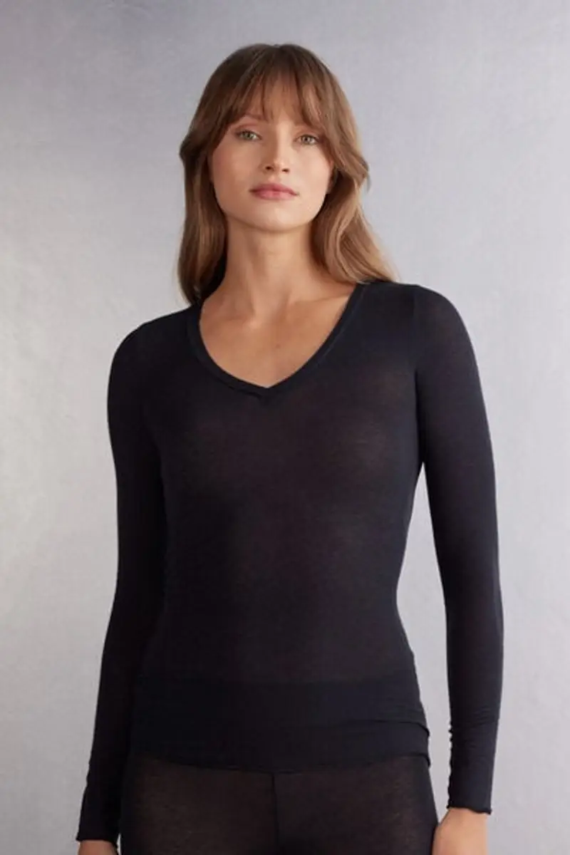Intimissimi Maglia Scollo a V in Modal Ultralight con Cashmere Donna Nero Taglia L