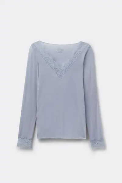 Maglia Scollo a V Ultralight con Cashmere e Pizzo Donna Azzurro