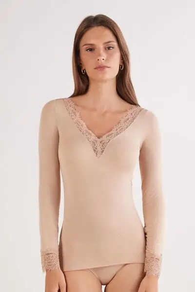 Intimissimi Maglia Donna Scollo a V Ultralight in Cashmere e Pizzo