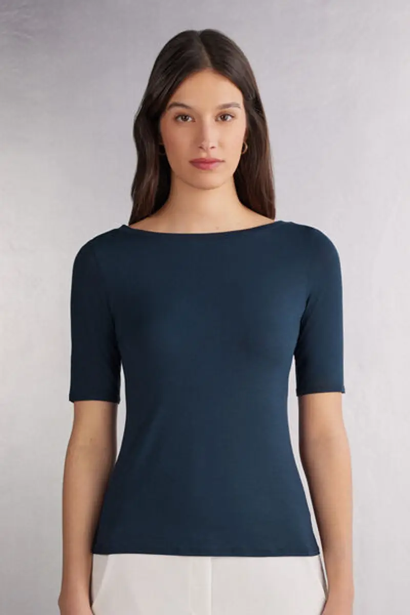 Intimissimi Maglia Scollo Barchetta in Fresh bamboo Donna Blu Taglia L