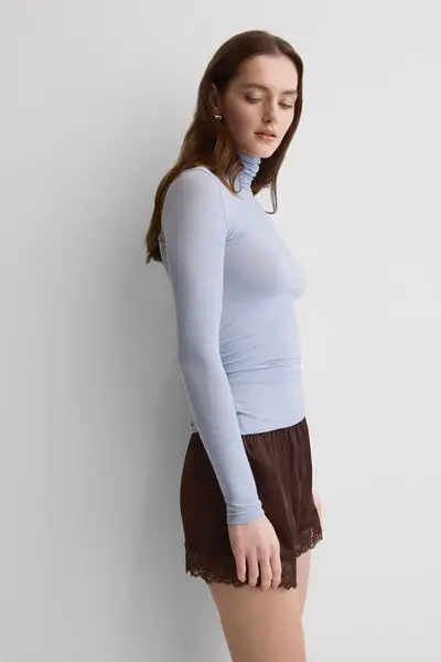 Maglia Ultralight con Cashmere A Collo Alto Donna Azzurro