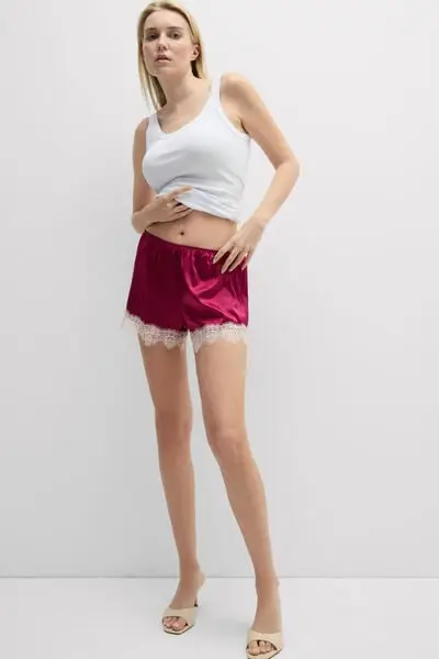 Pantaloncino in Seta con Pizzo a Contrasto Donna Rosa