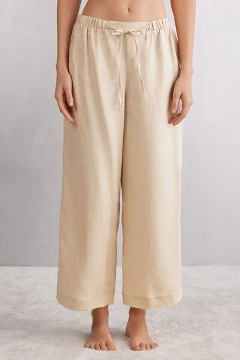 Pantalone Lungo con Coulisse in Tela di Lino The Pure Linen Donna Naturale