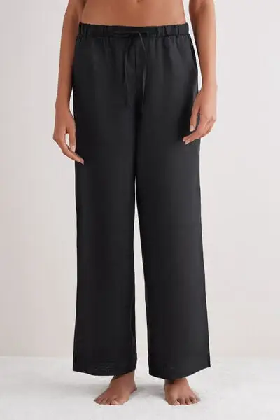 Pantalone Lungo con Coulisse in Tela di Lino The Pure Linen Donna Nero