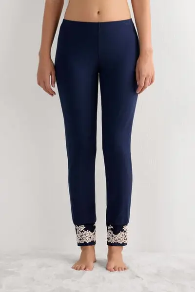 Pantalone Lungo in Modal con Polsino Pretty Flowers Donna Blu