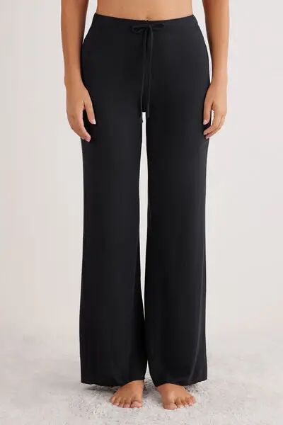 Pantaloni Lunghi Palazzo in Modal con Cashmere Light Donna Nero