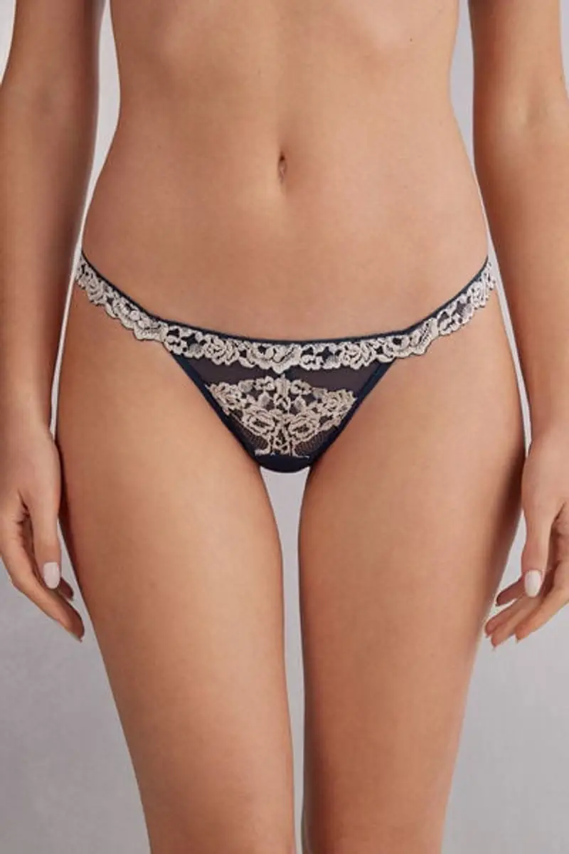 Intimissimi Perizoma con Fianchetto in Pizzo Pretty Flowers Donna Blu Taglia 2