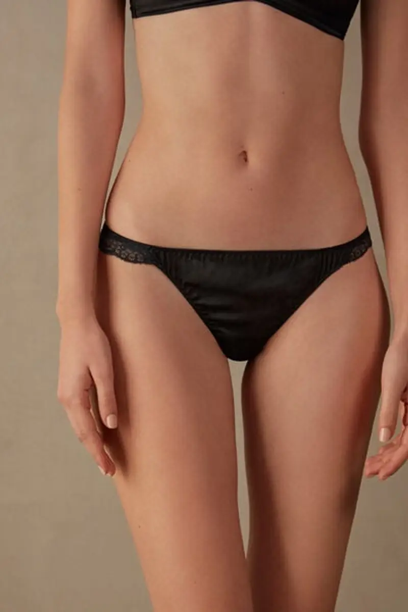 Perizoma in Seta e Pizzo Donna Nero