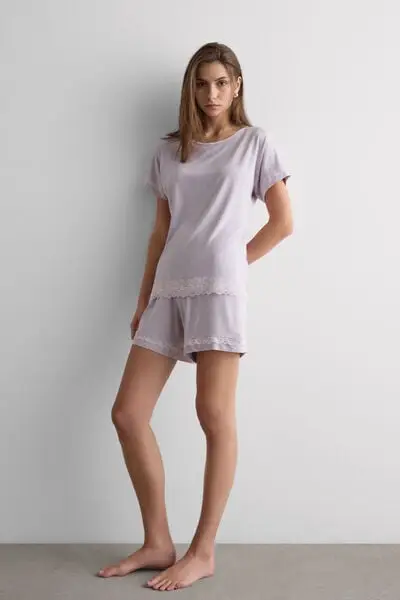 Pigiama Corto in Modal con Pizzo Donna Viola