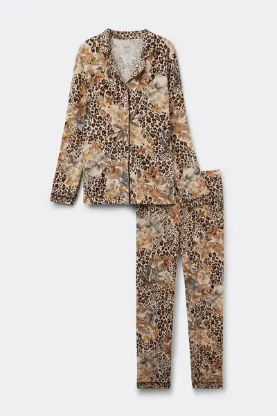 Pigiama Lungo Aperto Davanti in Modal Animalier Simply Iconic Donna Stampa