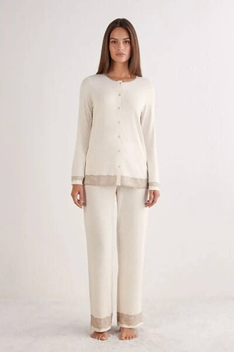 Intimissimi Pigiama Lungo Aperto Davanti in Modal con Pizzo Donna Naturale Taglia L