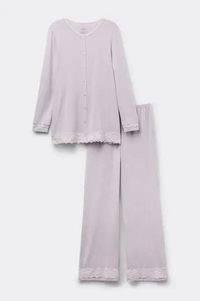 Pigiama Lungo Aperto Davanti in Modal con Pizzo Donna Viola