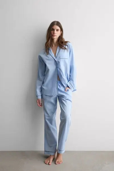 Pigiama Lungo in Cotone e Modal Chambray NI Donna Blu