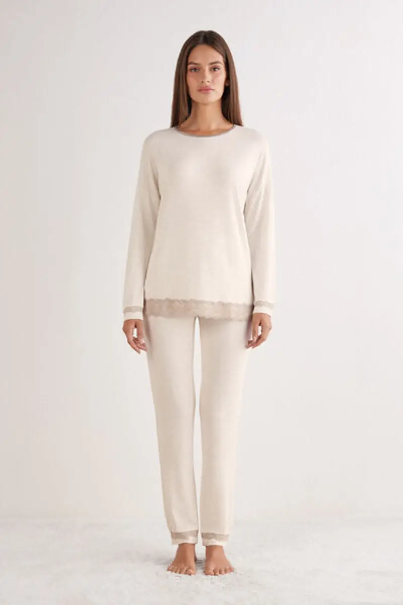 Intimissimi Pigiama Lungo in Modal con Pizzo Donna Naturale Taglia L