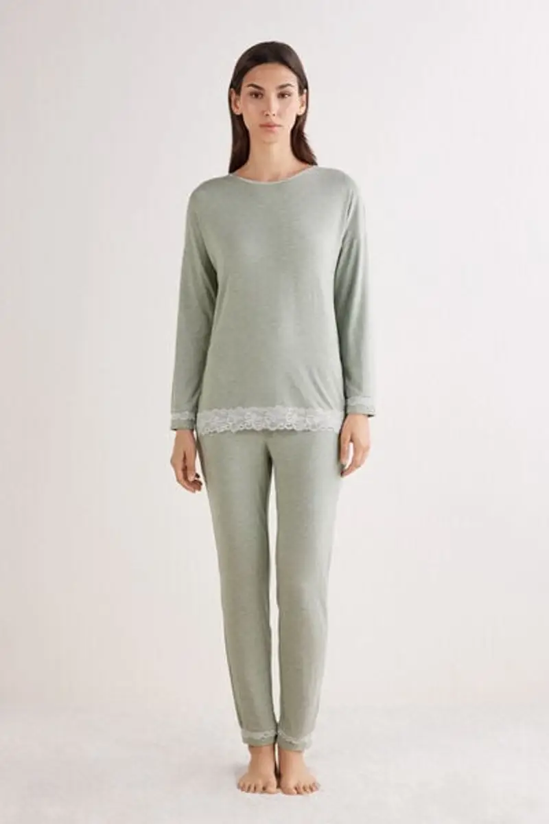 Intimissimi Pigiama Lungo in Modal con Pizzo Donna Verde Taglia L