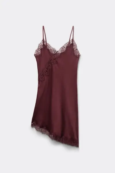 Sottoveste Asimmetrica in Raso di Viscosa con Pizzo Donna Bordeaux