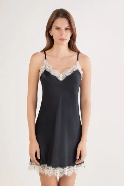 Sottoveste in Seta con Pizzo a Contrasto Donna Nero