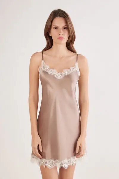 Sottoveste in Seta con Pizzo a Contrasto Donna