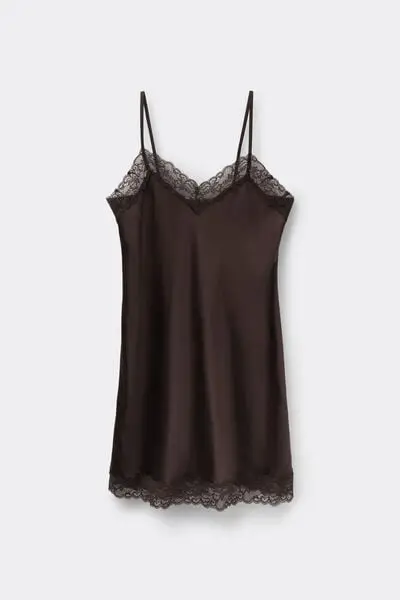 Sottoveste in Seta e Inserti in Pizzo Donna Marrone