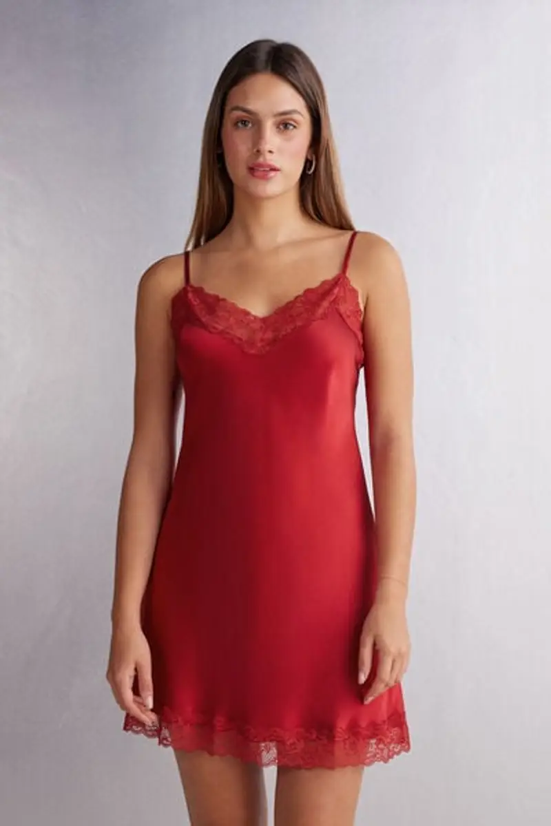 Intimissimi Sottoveste in Seta e Inserti in Pizzo Donna Rosso Taglia L