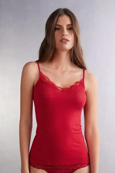 Top in Modal Ultralight con Cashmere con Pizzo Donna Rosso