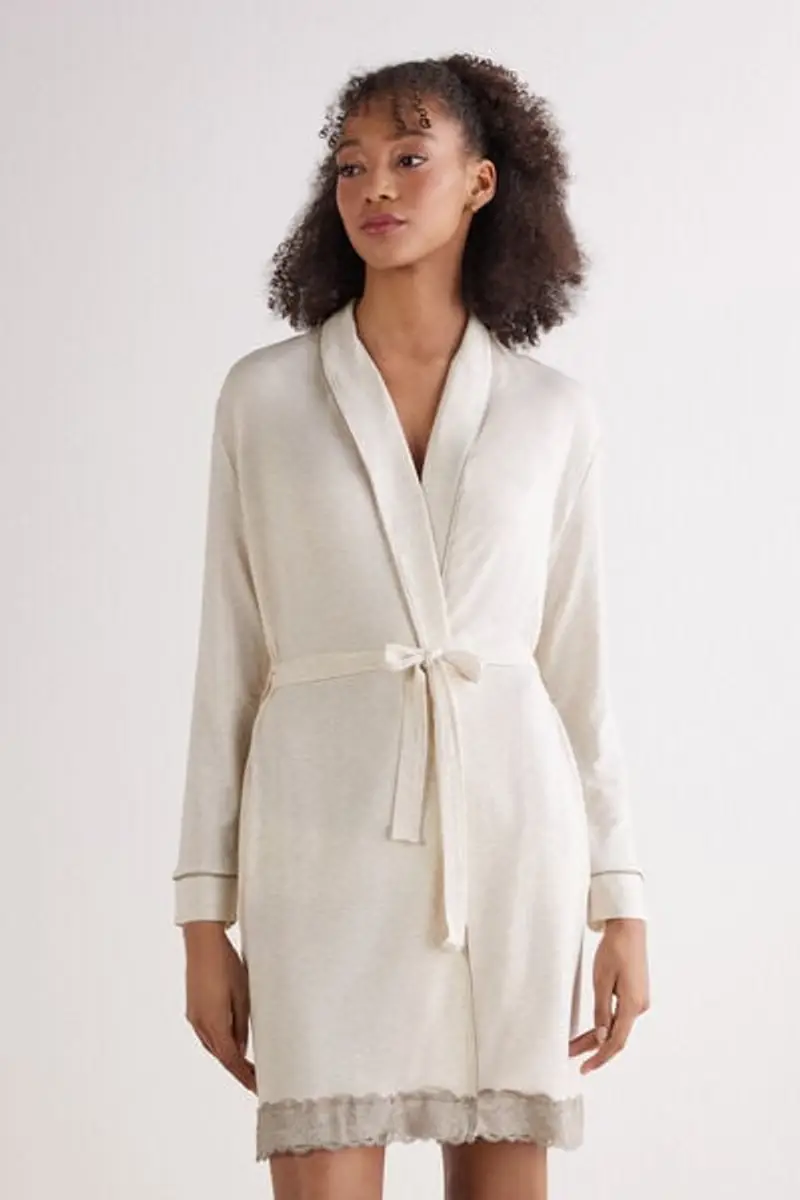 Intimissimi Vestaglia in Modal con Dettaglio in Pizzo Donna Naturale Taglia L