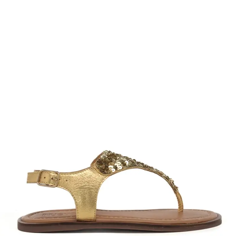 Inuovo sandali bassi da donna a infradito con paillettes in pelle laminata dark gold oro