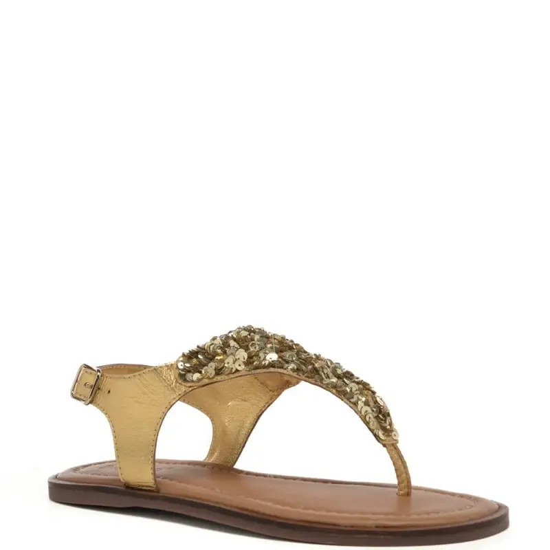 Inuovo sandali bassi da donna a infradito con paillettes in pelle laminata dark gold oro miniatura 2